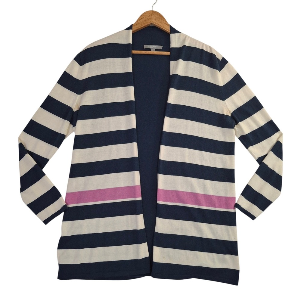 Neiman Marcus Cashmere Cardigan Navy White Pink Striped Open Front Large